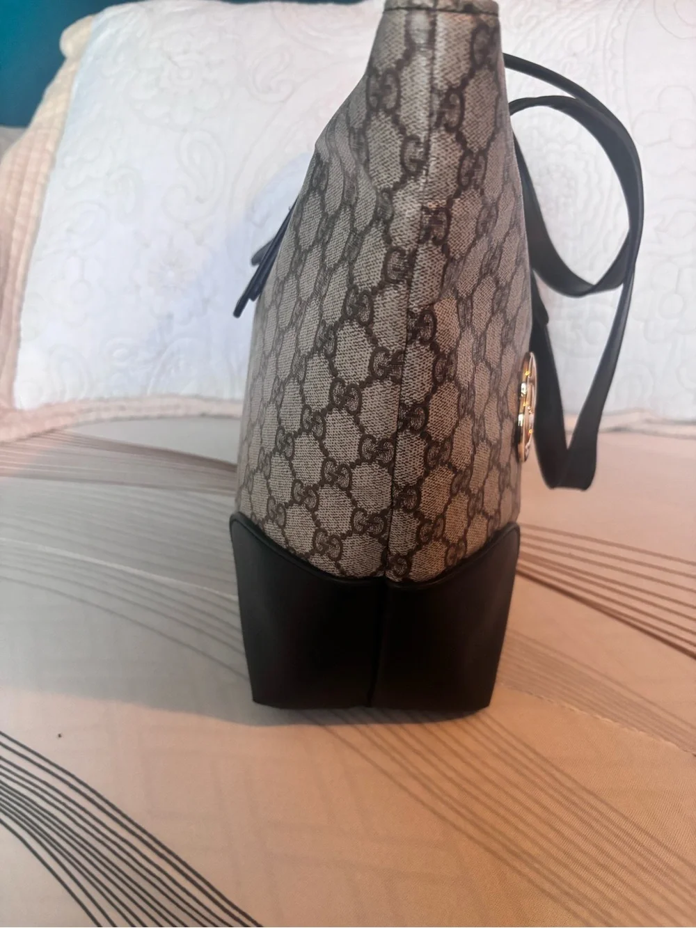Inspired,Gucci Brown GG Canvas Duffel with Dark Brown Leather Trim